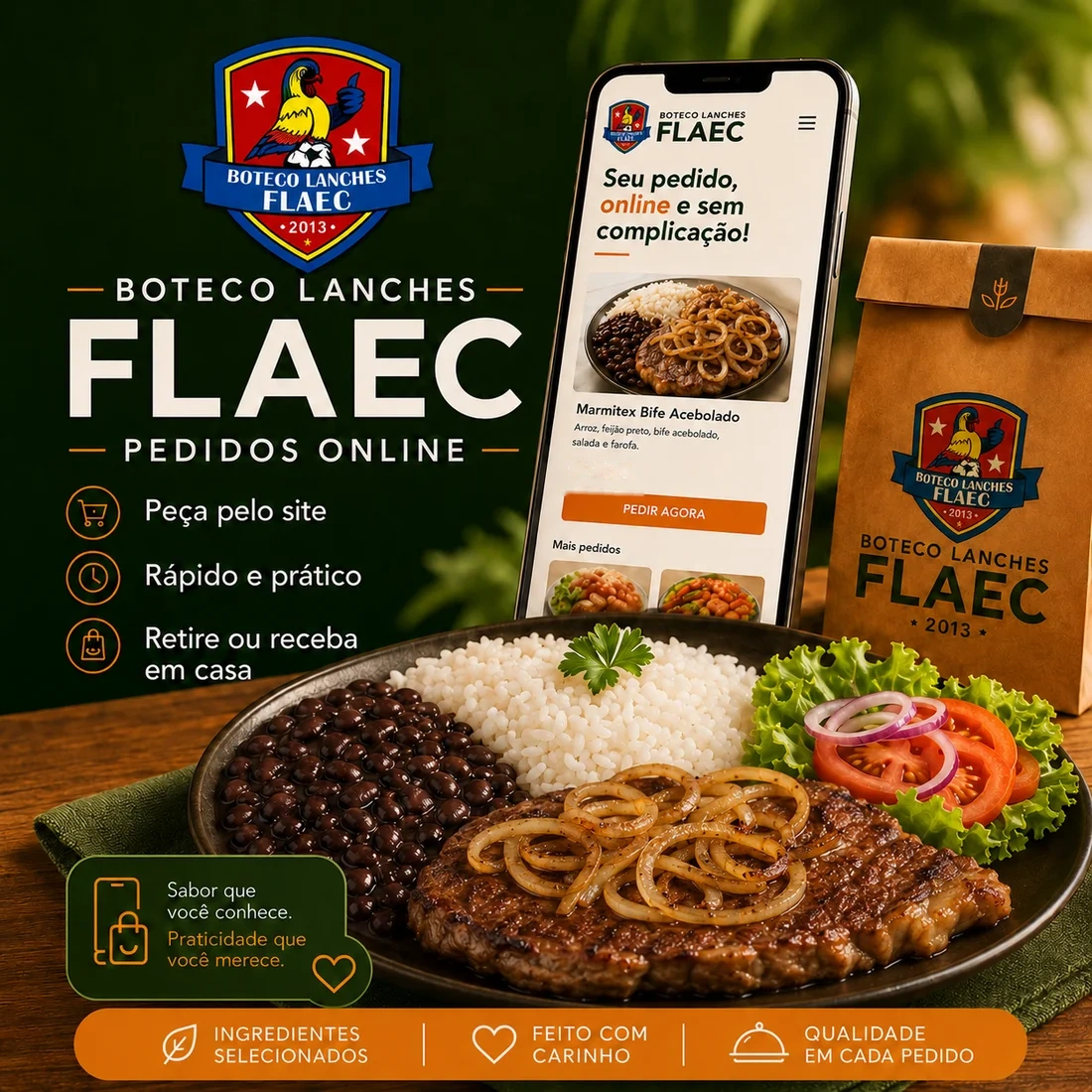 Refeição com bife acebolado do Boteco do Flaec